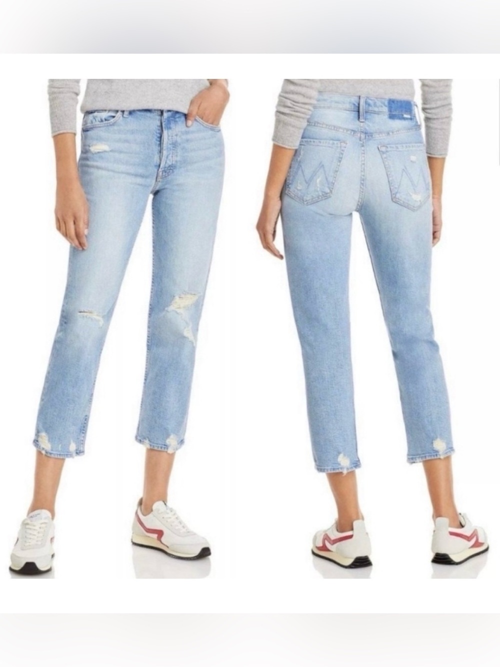 MOTHER Tomcat The Confession Light Wash Distressed Cropped Straight Jeans